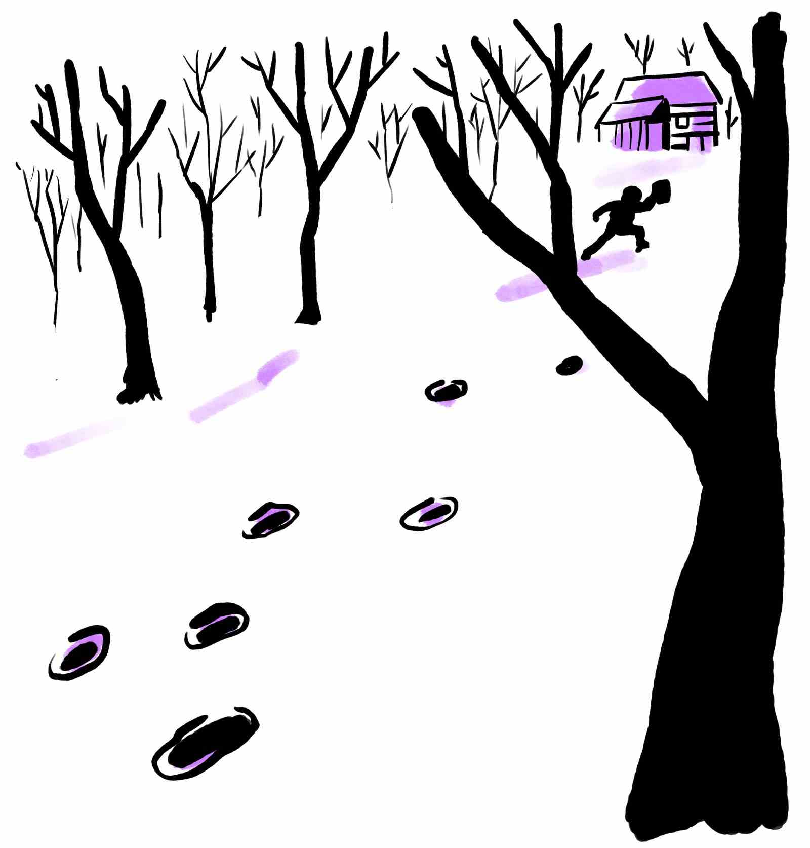 Fußspuren im Schnee, die von einer Person hinterlassen wurden, die zu ihrer Hütte im Wald lief.