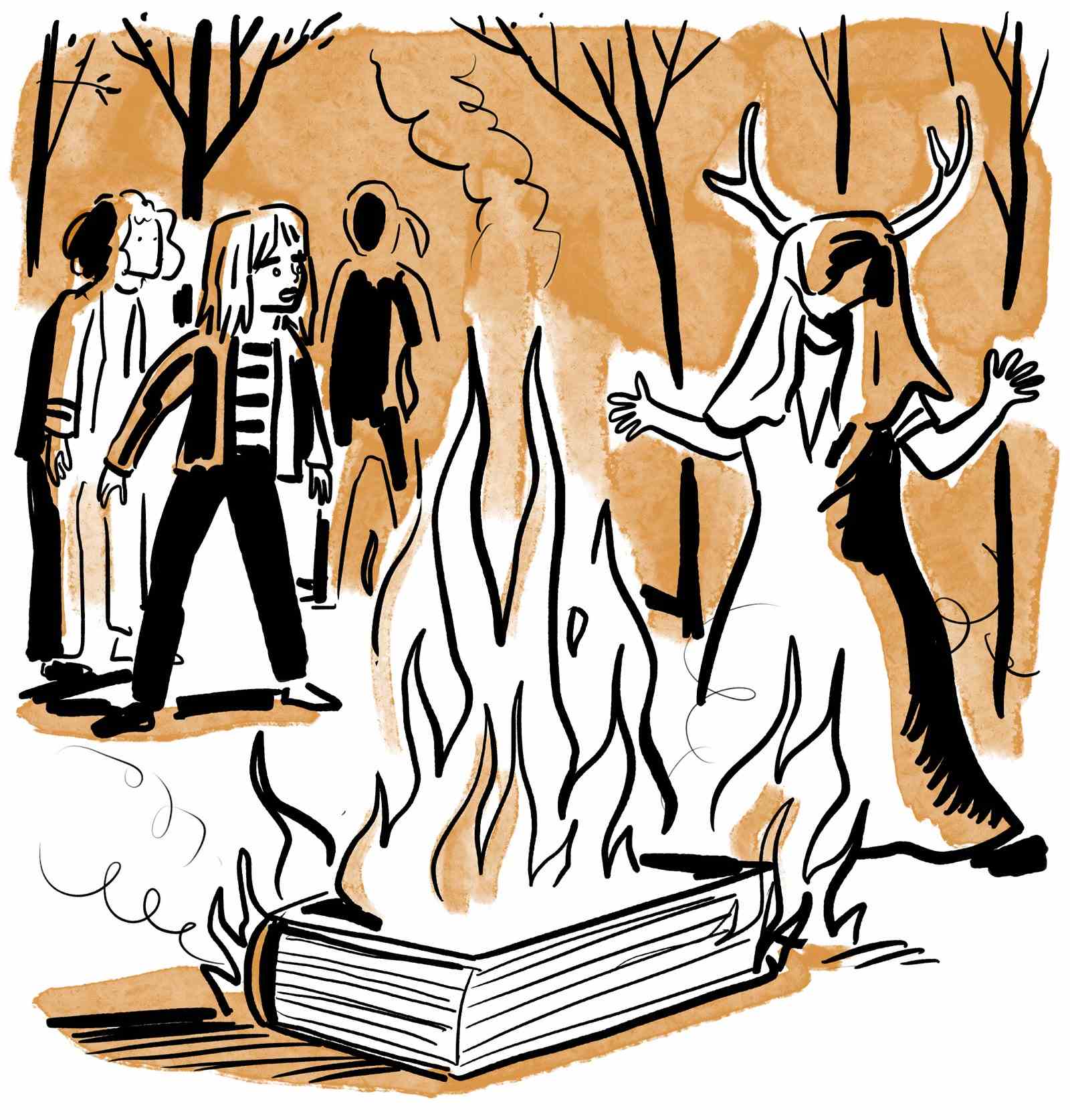 Junge Frauen stehen um ein Feuer herum, das mit einer Ausgabe von Atlas Shrugged angezündet wurde.