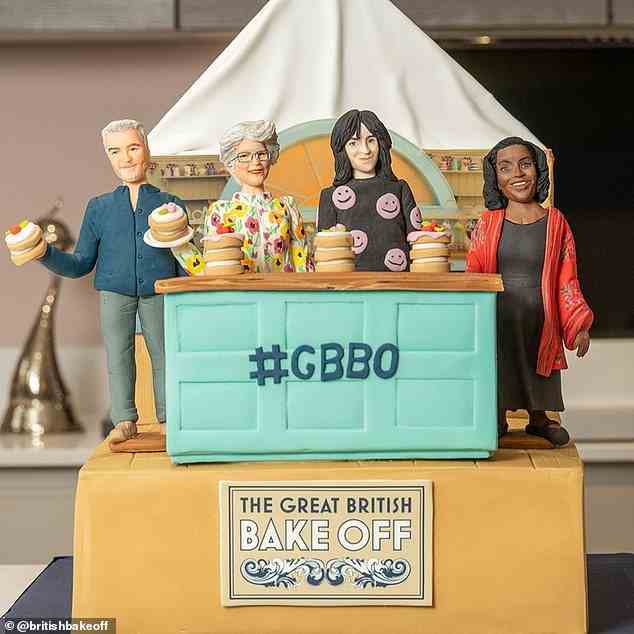 Icing on the cake: Taking to Instagram on Friday, Hammond confirmed her new role by sharing a short video of herself and co-host Noel Fielding alongside judges Paul Hollywood and Prue Leith as iced figurines atop a large, Bake Off-themed cake