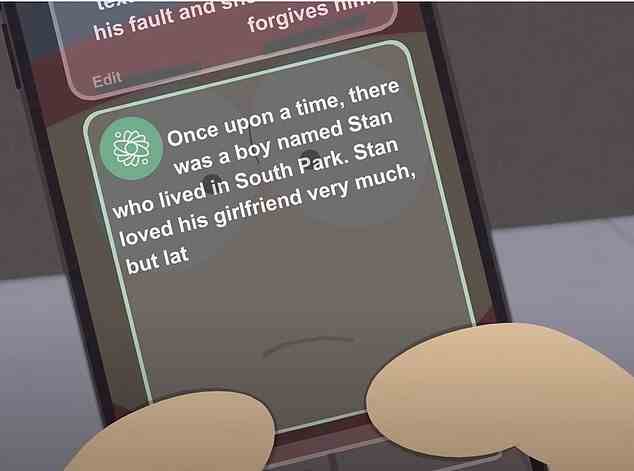 Stan sent a query to ChatGPT, which begins 'thinking' and in seconds, replies with a whimsical tale that is heard read by the AI in the show