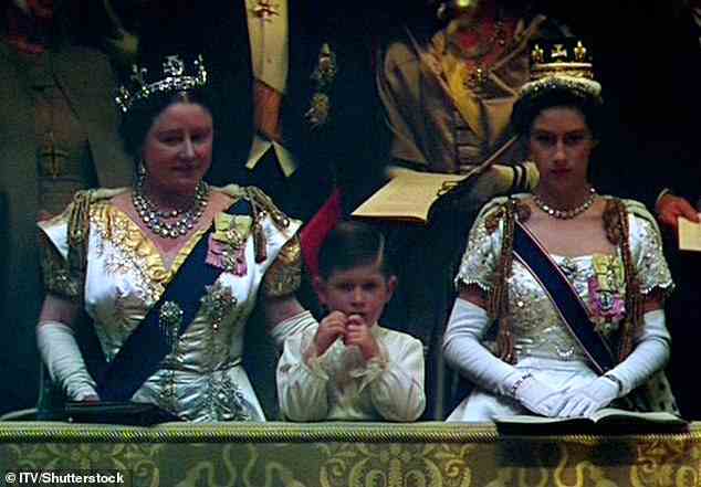 The Queen Mother, Prince Charles and Princess Margaret watch Queen Elizabeth II being crowned in June 1953
