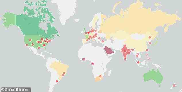 Diese Karte zeigt alle bekannten „BSL-3+“-Labore, die im Bericht erwähnt werden.  Es zeigt auch Länder, die farblich gekennzeichnet sind, je nachdem, wie Wissenschaftler ihr gesamtes Biorisikomanagement einstufen, grüne Länder sind gut, gelbe sind mittelmäßig und rote Länder haben schlechte Leistungen.  Grau zeigt kein Ranking an.  Einige geplante Labore sind nicht enthalten, da ihr genauer Standort im Land nicht bekannt gegeben wurde