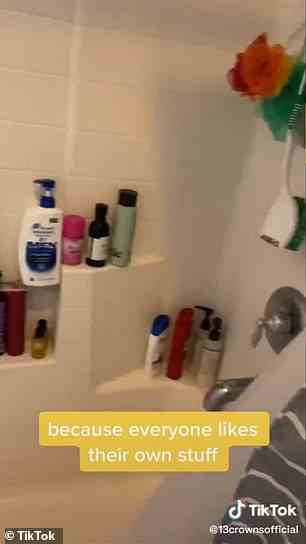 The bathroom is filled with different shampoos, conditioners, and body washes because everyone in the family likes to use their own products