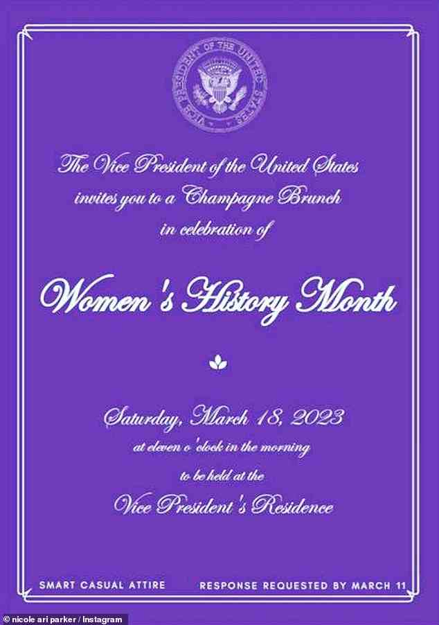 Einladung: Nicole Ari Parker teilte eine Kopie der Einladung von Vizepräsidentin Kamala Harris zum Champagner-Brunch