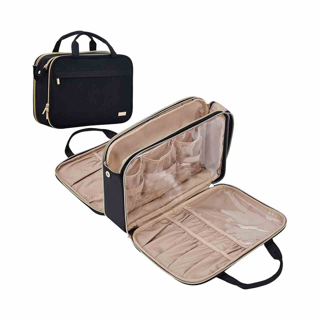 Nishel Travel Toiletry Bag Schwarze Kosmetiktasche mit hellbraunem Futter und Taschen auf weißem Hintergrund