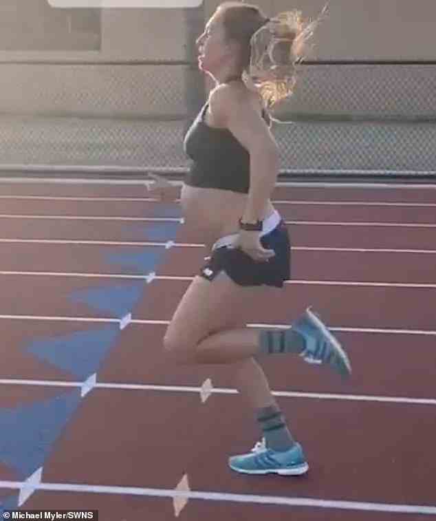 The mom's (shown during her first pregnancy) intense training regime saw her complete runs twice a day - on top of longer runs on the weekends too