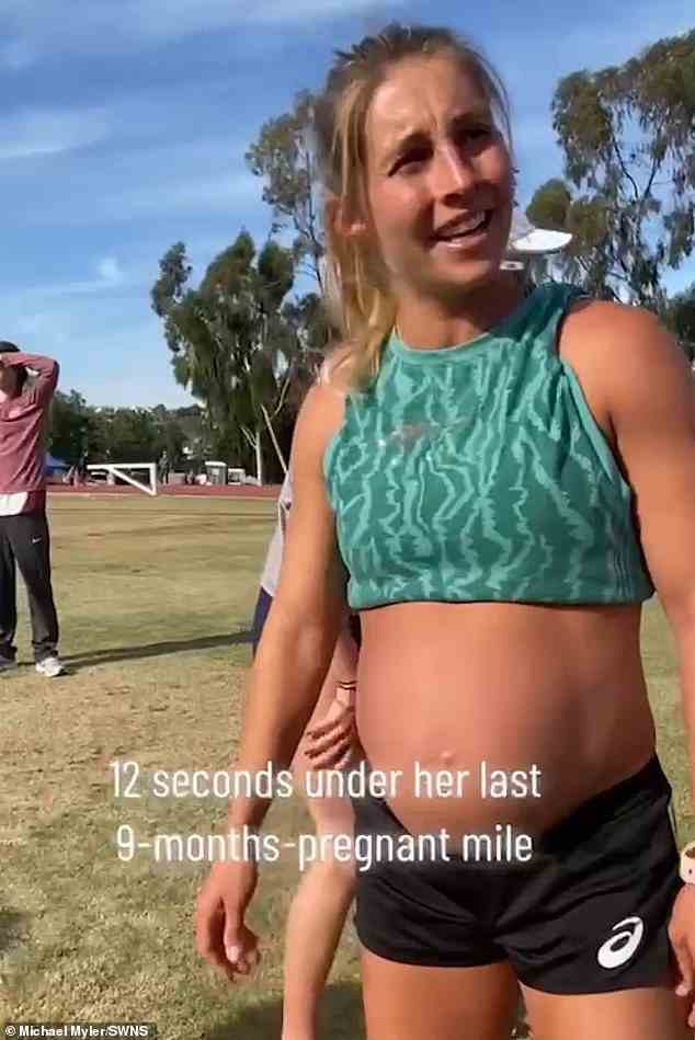 During her second pregnancy (pictured) - which is now full-term - Makenna wanted to test if she could beat her five minute and 25 second pregnant mile record from 2020