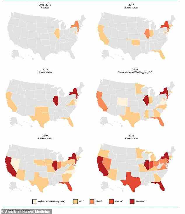 Die Verteilung von Cauris-Fällen in den USA, wie sie der CDC zwischen 2013 und 2021 gemeldet wurden