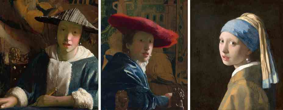 Three Vermeers: Girls with Flute, Girl with Red Hat, and Girl with Pear Earring.
