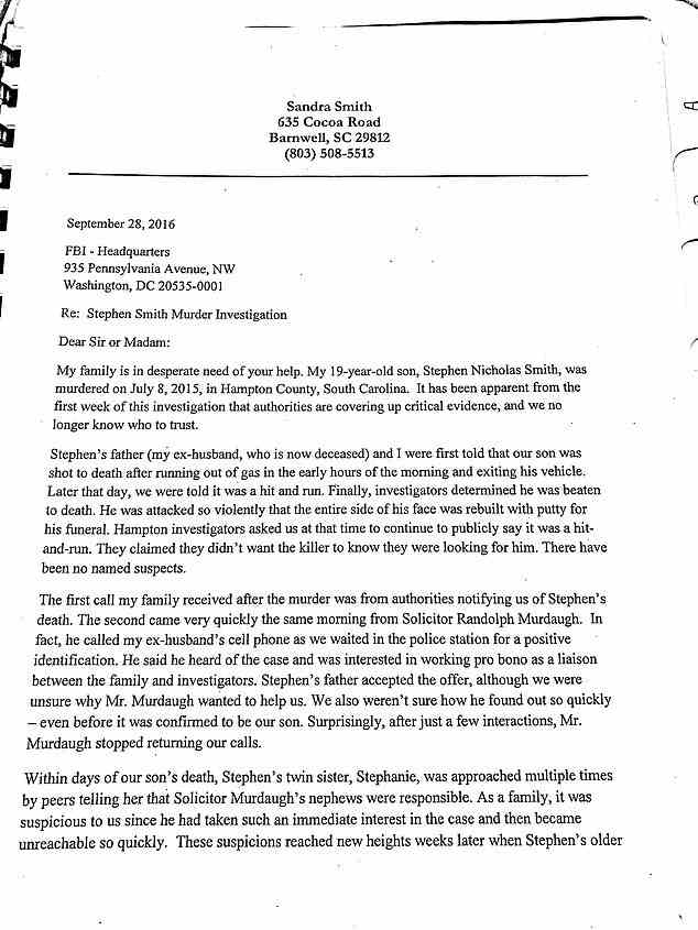 This is part one of the letter Sandy Smith sent to the FBI in 2016
