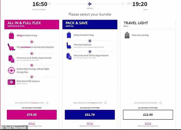Ted reveals that he's pleasantly surprised by the slickness of Wizz Air's website. Above are the price options for his flight to Lyon during the booking process. He opts for the £51.79 fare