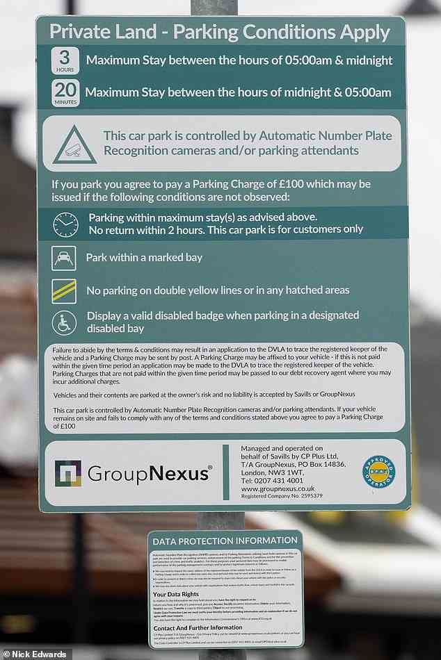 The parking conditions that firm GroupNexus display at Tower Retail Park car park