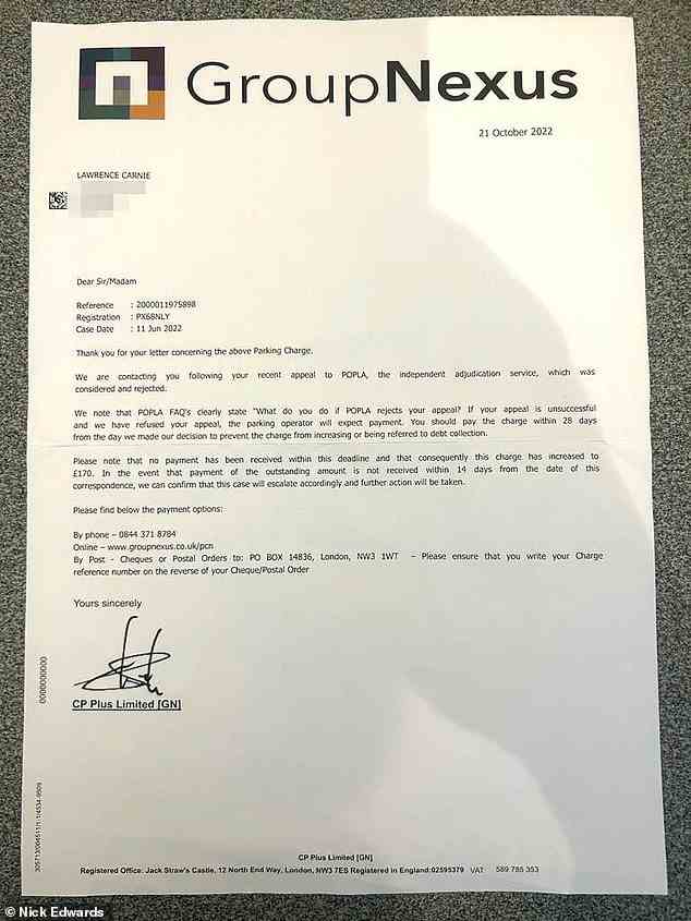 The letter GroupNexus sent Mr Carnie sent after his appeal to the adjudicator was rejected