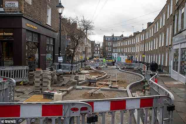 Roadworks for a new 'wavy road' at Charlton Place in Islington on March 22