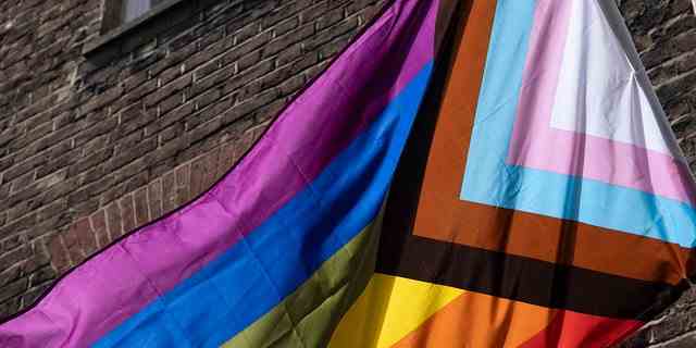 Ein Foto einer Pride Progress-Flagge, die Farben der Transgender-Pride-Flagge enthält.