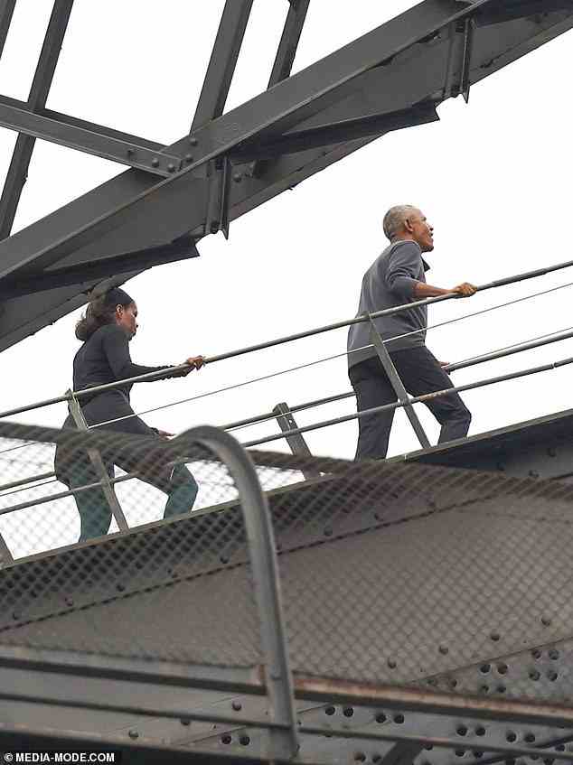 The Obamas and their entourage were allowed to walk over the 'Coathanger' without having to wear the usual jumpsuits and safety apparatus required by operator BridgeClimb