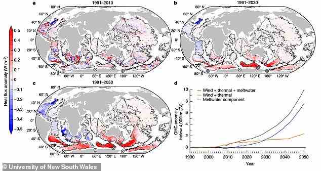 Diese Grafik zeigt, wie sich der Ozean in der Nähe der Antarktis erwärmt hat und dies bis 2050 und darüber hinaus tun wird, wenn nicht mehr getan wird, um die Emissionen der globalen Erwärmung auf der ganzen Welt zu bekämpfen