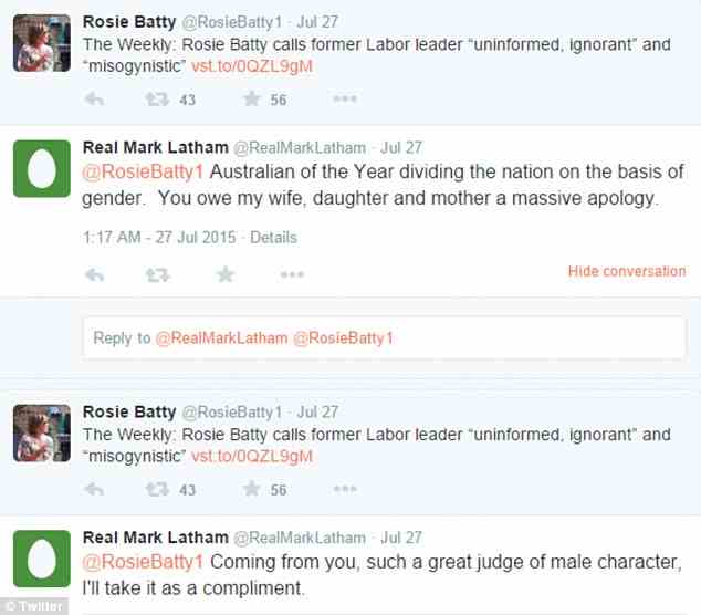 After Ms Batty responded to the column and labelled Mr Latham 'uniformed' and 'ignorant', the @RealMarkLatham account began trolling her