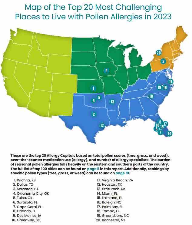Die obige Karte zeigt die 20 schlimmsten Orte zum Leben oder Urlaub machen, wenn Sie eine Pollenallergie in den Vereinigten Staaten haben.  Etwa 17 von 20 liegen im Süden, wobei Florida an sieben von 20 Hotspots die meisten hat.  Experten warnten, dass das ganzjährig milde Wetter des Staates schuld sei