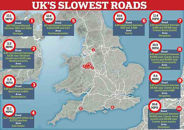 Eine Karte mit den 10 langsamsten Straßenabschnitten in England nach einer Analyse von Forbes Advisor