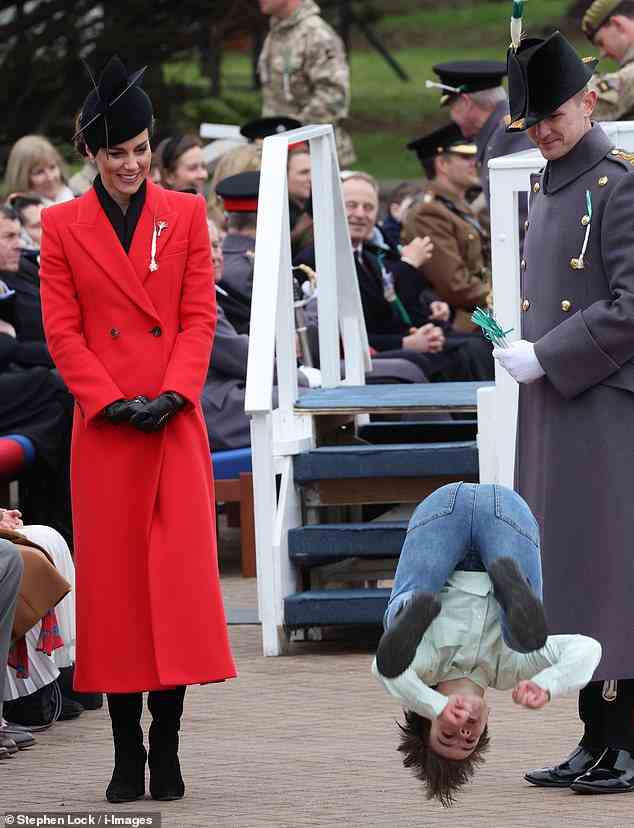 Kate Middleton was wowed by a youngster performing a somersault as she attended the St David's Day Parade alongside her husband William