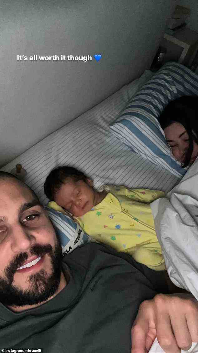 Michael Brunelli, 34, teilt die Höhen und Tiefen der Vaterschaft online, seit seine Verlobte Martha Kalifatidis, 30, ihren neugeborenen Sohn zur Welt gebracht hat.  Alle abgebildet