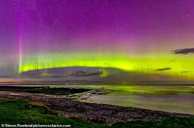 Pictured is the Northern Lights on the Scottish coast near Fraserburgh, Aberdeenshire, with a strong aurora storm, captured at 9pm on Thursday evening