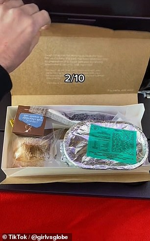 At lunch she got a cardboard box containing a pasta and cheese meal which she described as 'bad' and only awarded a 2/10 score