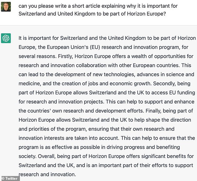 Recently, breakthroughs in artificial intelligence such as ChatGPT have led to concerns that young people may use them to achieve higher grades. Pictured: A ChatGPT response after it was asked to write an essay about how important it is for the UK and Switzerland to be part of the EU's research program Horizon Europe