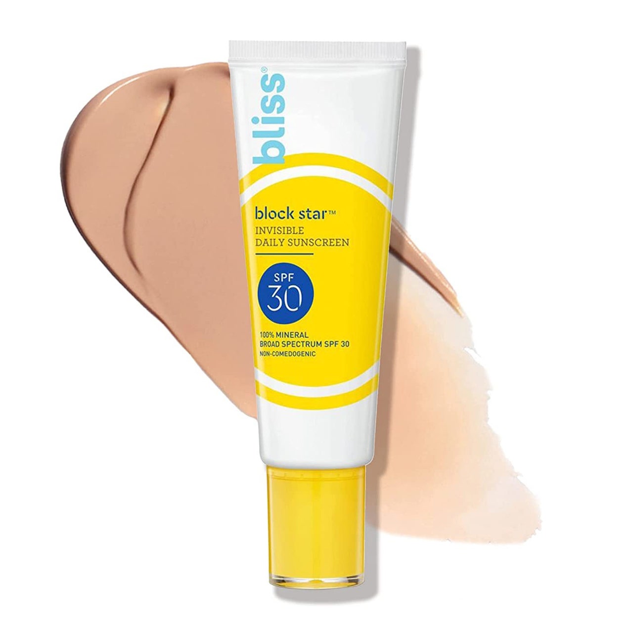 Bliss Blockstar Tinted Face Sunscreen gelbe und weiße Tube mit getöntem Sonnenschutzstreifen auf weißem Hintergrund