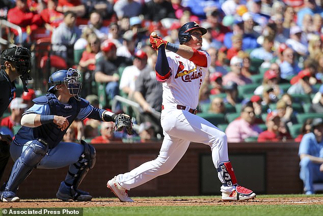 The Cardinals' Nolan Gorman hits a two-run home run during the third inning vs. the Blue Jays