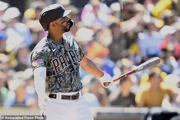 The Padres' Xander Bogaerts watches his two-run home run during the third inning