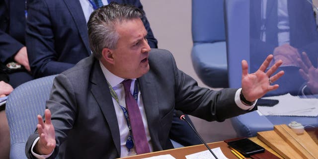 Der ukrainische Botschafter Sergiy Kyslytsya spricht vor dem Sicherheitsrat inmitten der russischen Invasion in der Ukraine im UN-Hauptquartier in New York City, 5. April 2022.