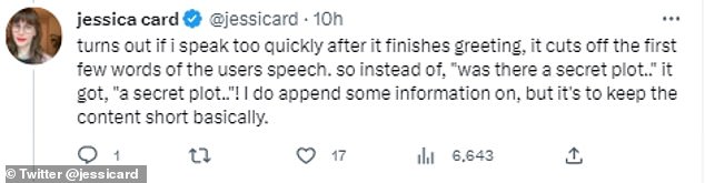Seit dem ursprünglichen Upload erklärte Frau Card, dass ihr Furby vielleicht doch nicht so unheimlich sei, da die Sprachfunktion der Software einen Teil ihrer gesprochenen Anfrage abschneide