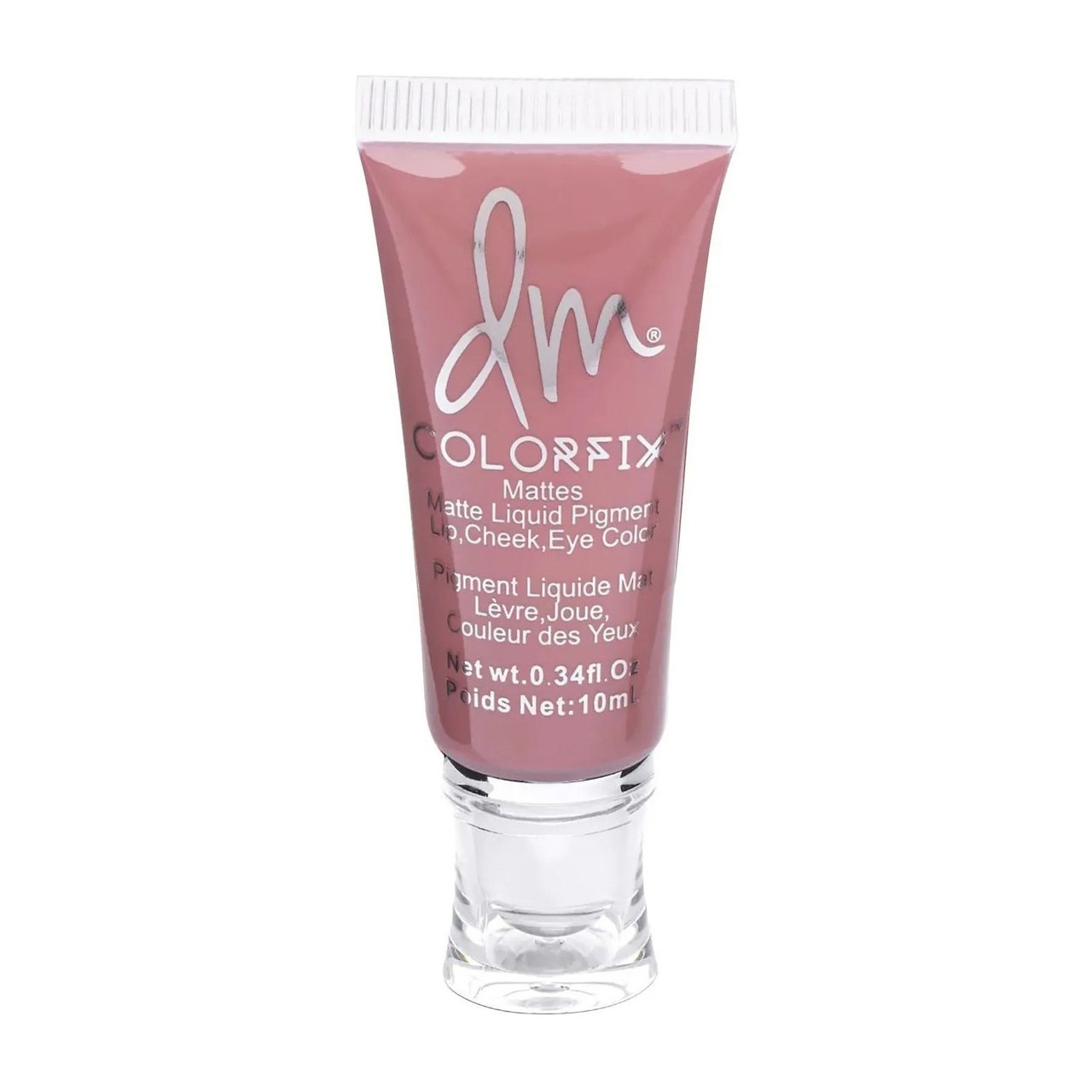 Colorfix Augen-, Wangen- und Lippencreme-Pigmenttube aus staubigem rosafarbenem flüssigem Pigment auf weißem Hintergrund