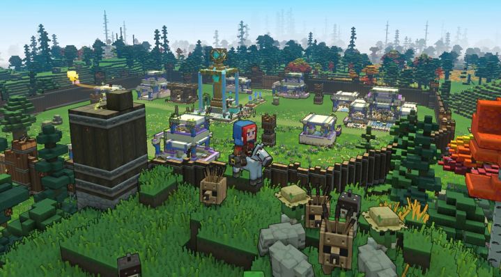 Ein Spieler steht mit Mobs in Minecraft Legends vor seinem Dorf.