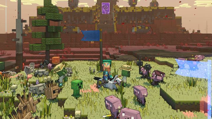 Ein Spieler beschwört Mobs, um einen Piglin-Außenposten in Minecraft Legends anzugreifen.