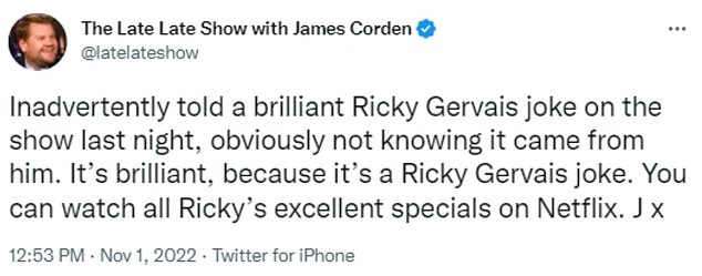 Entschuldigung: James schrieb auf der Social-Media-Seite: „Hat gestern Abend versehentlich einen brillanten Witz von Ricky Gervais in der Show erzählt, offensichtlich nicht wissend, dass er von ihm kam.“