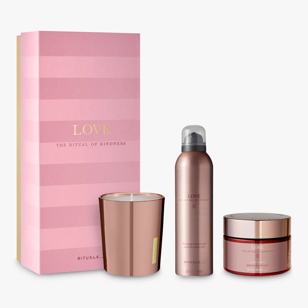 Rituals Love Gift Set drei Produkte aus Roségold und rosa Box auf weißem Hintergrund