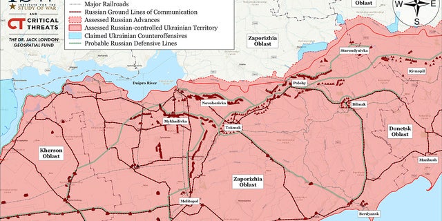 Eine Karte der Verteidigungsanlagen Russlands in Saporischschja um Tokmak, Melitopol und Wassiljewka.  Die Ukraine könnte die Dreiecksregion in einer Frühjahrsoffensive angreifen.