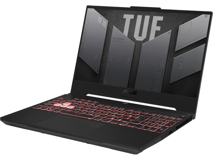 Eine abgewinkelte Aufnahme des Asus TUF Gaming A15 Laptops.