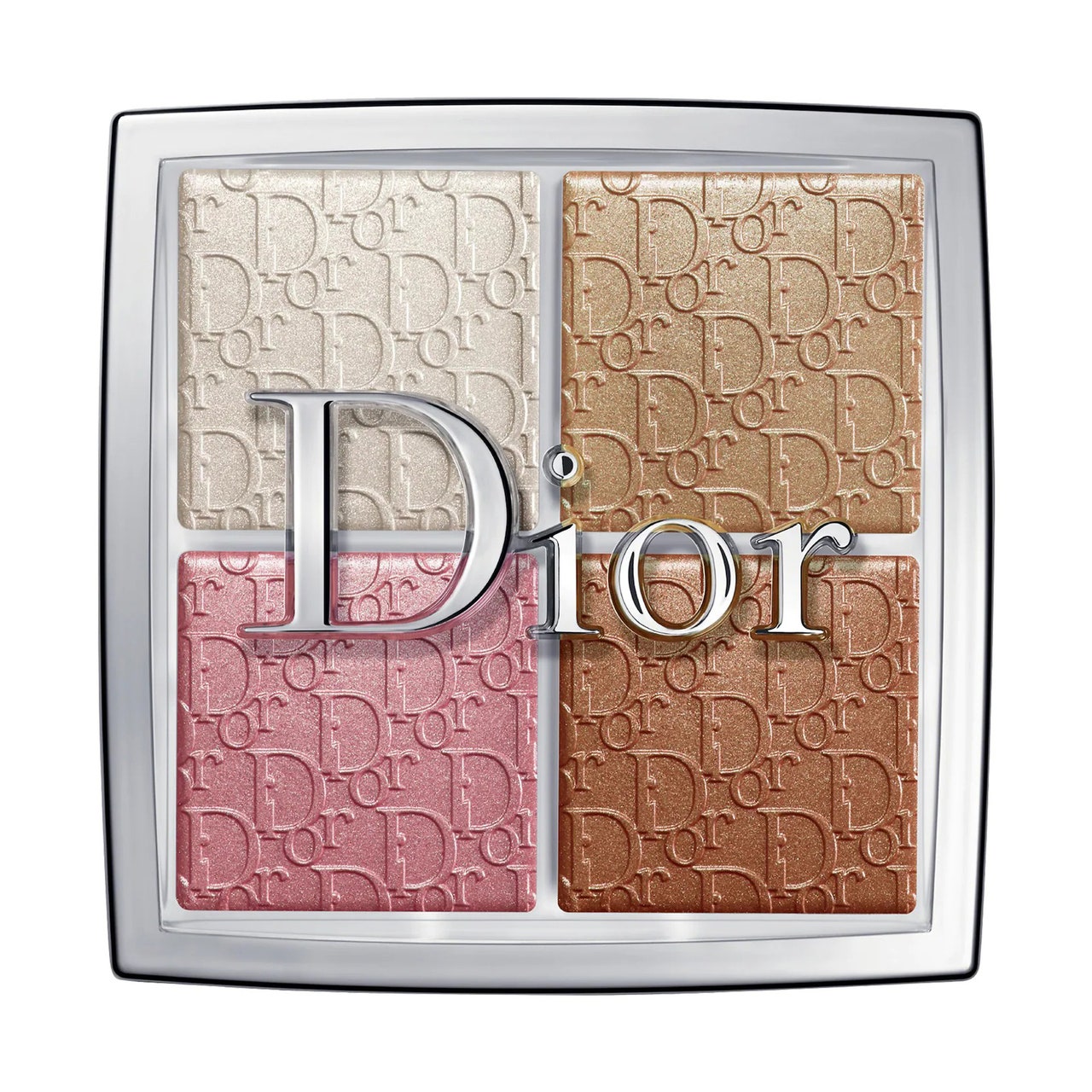 Dior Backstage Glow Face Palette Quadratische silberne Palette mit vier Highlighter-, Rouge- und Bronzer-Tönen auf weißem Hintergrund