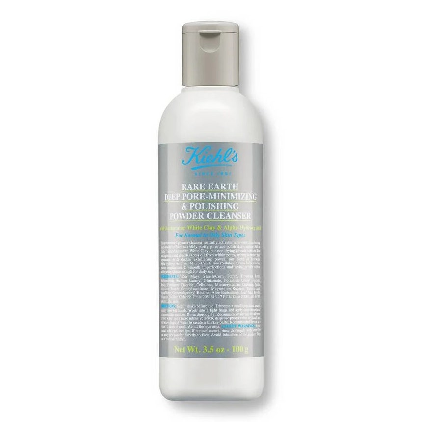 Kiehl's Rare Earth Deep Pore-Minimizing and Polishing Powder-Cleanser weiße Flasche mit grauem Etikett und Verschluss auf weißem Hintergrund