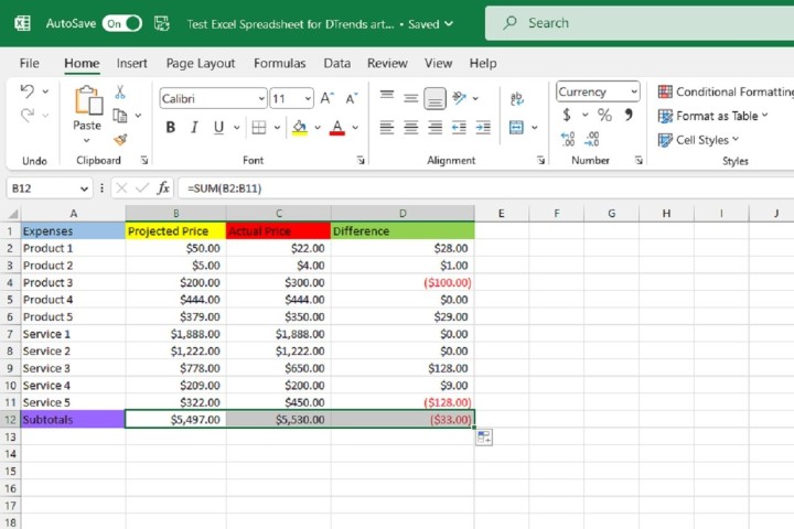 Füllen Sie die verbleibenden Zwischensummen in der Excel-Tabelle mit der ChatGPT-Formel aus.