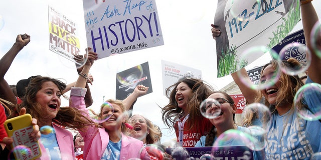 Anti-Abtreibungs-Aktivisten feiern am 24. Juni 2022 vor dem Obersten Gerichtshof in Washington, DC.