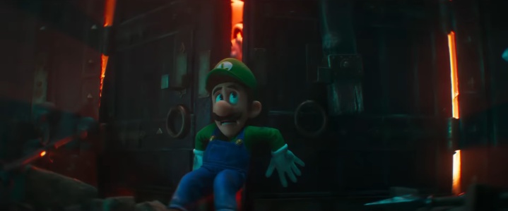 Luigi gegen eine Tür, als Dry Bones versucht, ihn einzufangen "Der Super Mario Bros.-Film."