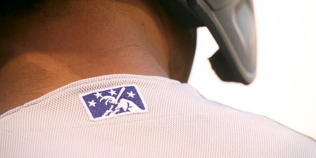Eine Nahaufnahme eines Minor-League-Baseball-Logos auf einem Trikot eines Hudson Valley Renegades-Spielers während eines Spiels gegen die Brooklyn Cyclones im Maimonides Park in Brooklyn, NY, 18.