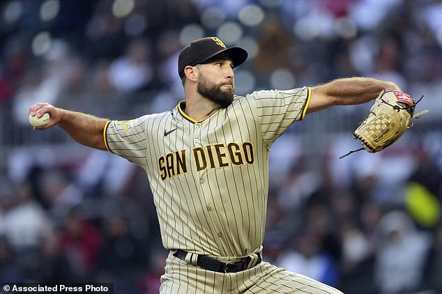 Padres starting Michael Wacha delivers in the first inning against the Atlanta Braves