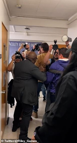 Gaines says she was forced to barricade herself inside a room at the San Francisco State University campus Thursday after a group of activists ambushed her