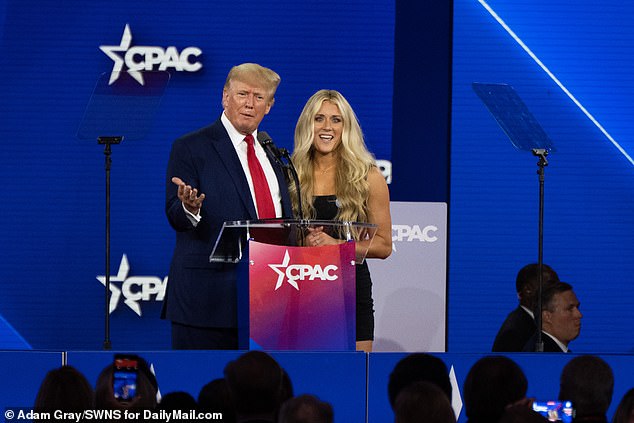 Former President Donald Trump with swimmer Riley Gaines speaks at the CPAC Convention, Hilton Anatole, Dallas, Texas. August 06 2022